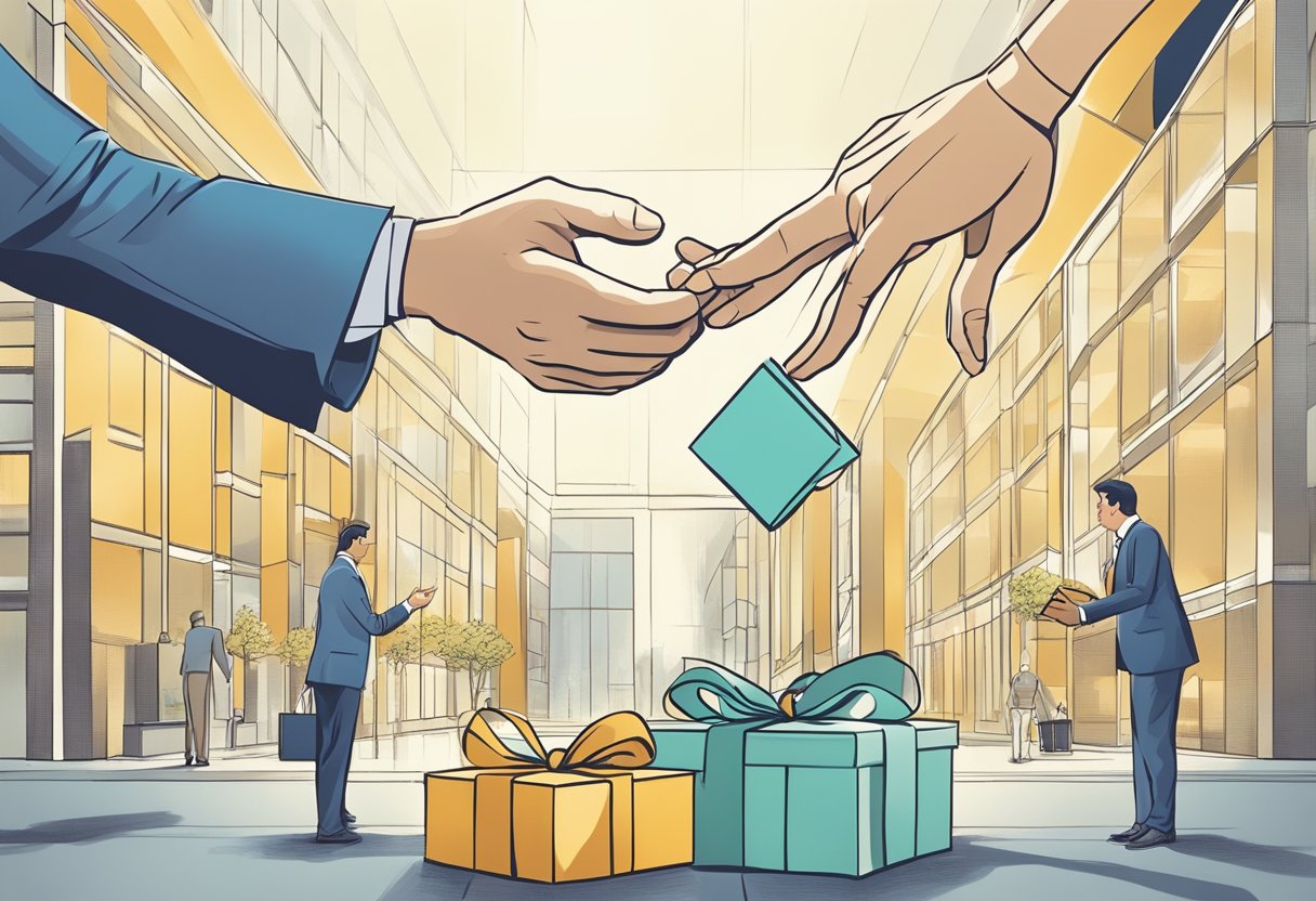 A hand reaching out to give a gift box to another hand in a corporate setting