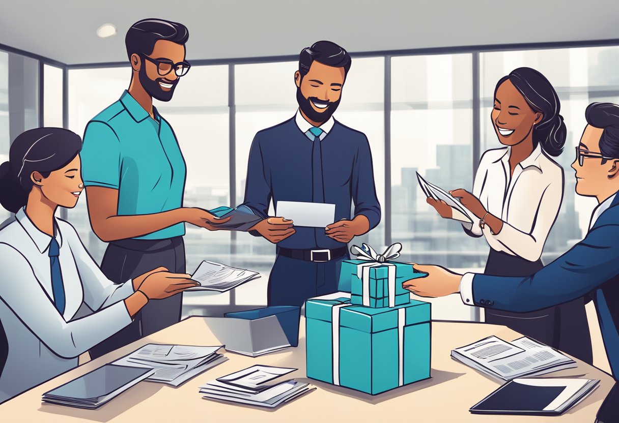 A group of corporate professionals exchanging branded gifts in a boardroom setting, with a stack of FAQ pamphlets and a display of various gift options