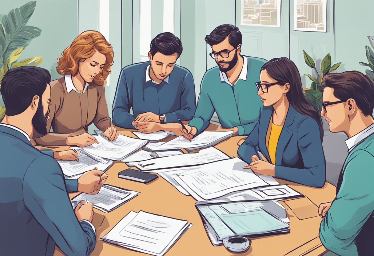 A group of people gathered around a table, discussing and reviewing a list of frequently asked questions about corporate gift suppliers