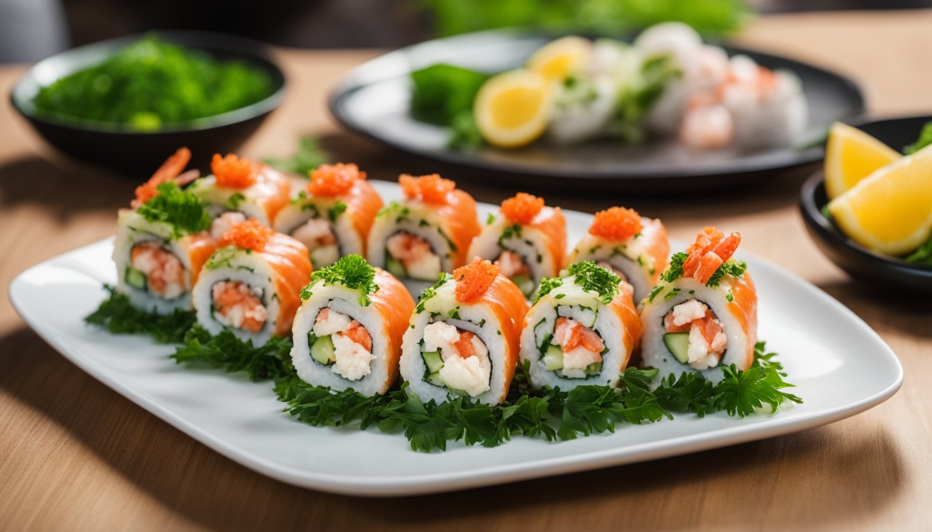 A lobster salad roll sushi is placed on a clean white plate, surrounded by vibrant green seaweed and delicate slices of pickled ginger
