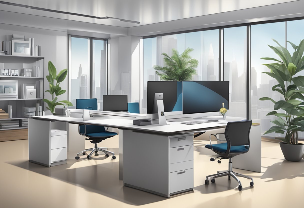 A sleek, modern office setting with a display of high-end corporate gifts and a sign reading "Frequently Asked Questions: Sophisticated Corporate Gifts."