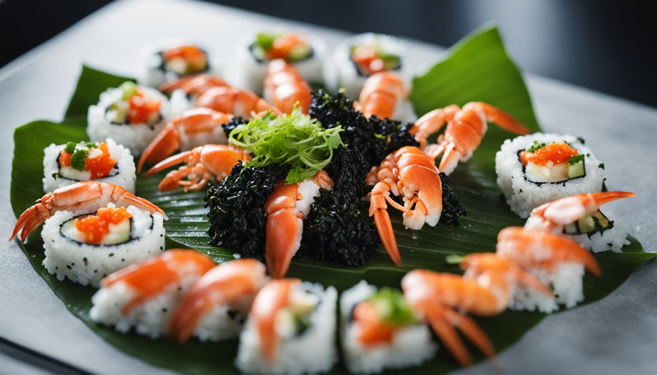 A chef mixes lobster salad with mayonnaise and places it on a sheet of nori, then rolls it with sushi rice and slices it into pieces