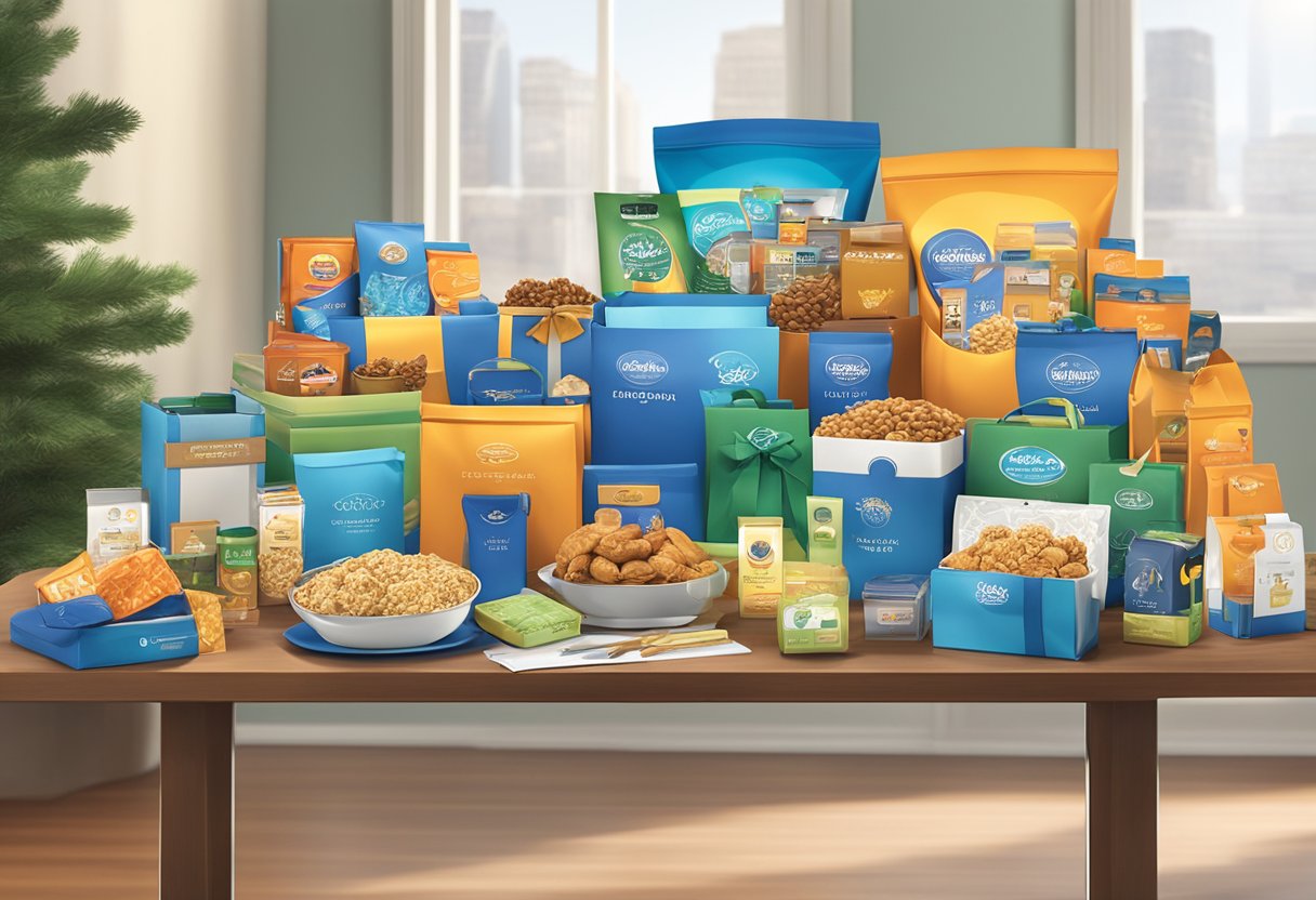 A table displaying various corporate gift options, including branded merchandise, gift baskets, and personalized items. Bright lighting highlights the products