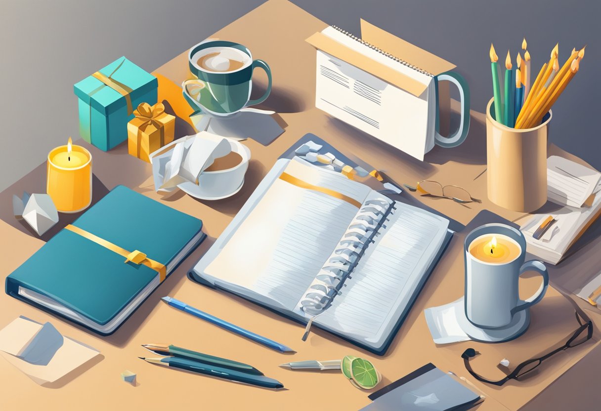 A table with various gift items under $15, such as mugs, notebooks, and candles. A banner with "Corporate Gift Voucher Ideas" hangs above