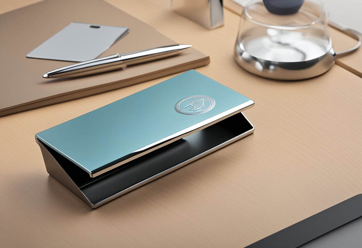 A sleek metal card and pen holder sits on a polished desk, with a company logo engraved on the front