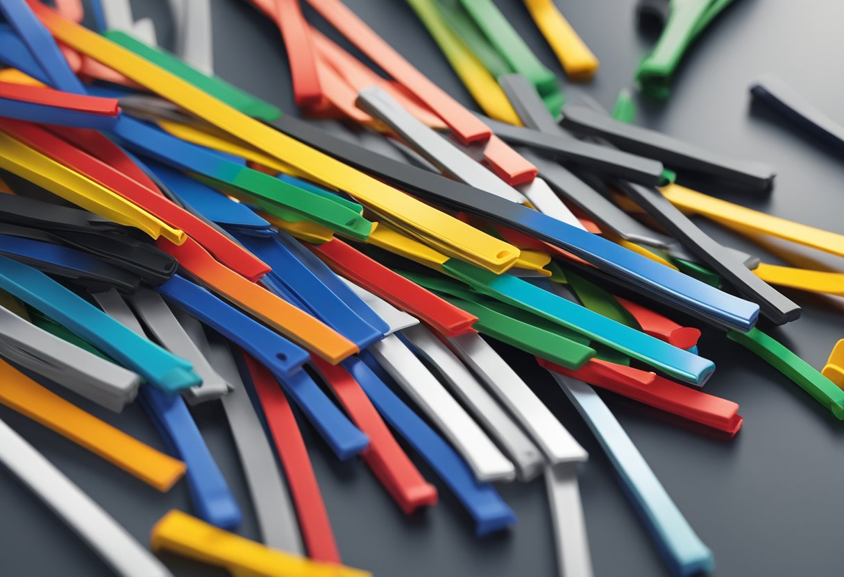 A pile of branded cable ties in various colors and sizes arranged neatly on a sleek, modern desk with the company logo prominently displayed