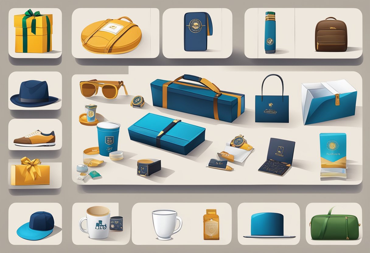 A table displaying various corporate gift options, including branded merchandise, luxury items, and personalized gifts for customers