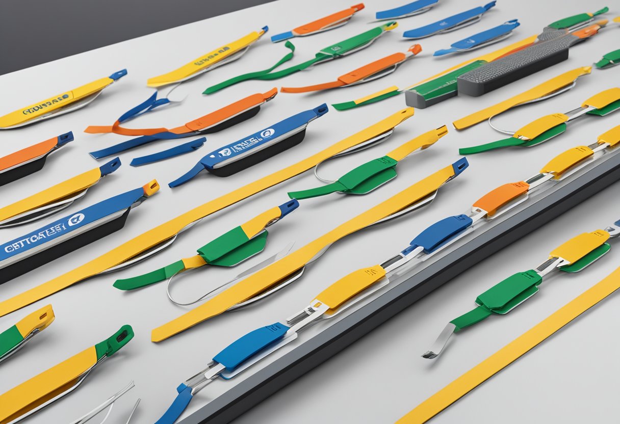 A table with branded cable tie corporate gifts arranged neatly in a row, with a logo prominently displayed on each one