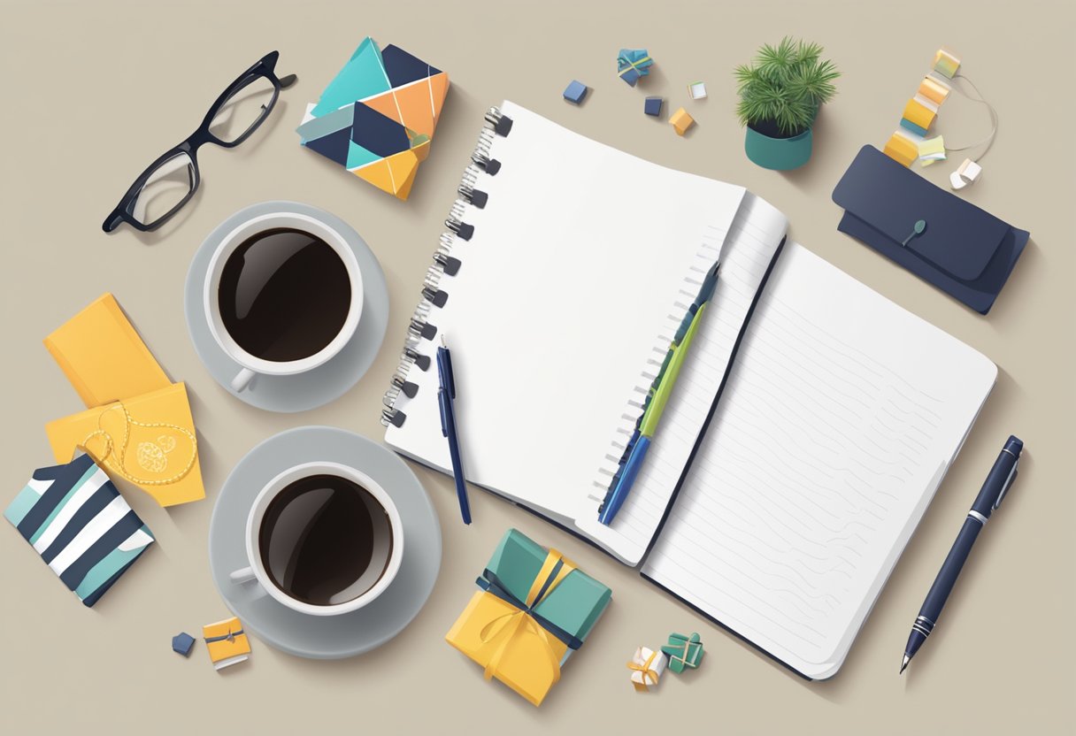 A table with various small corporate gifts under $15, such as notebooks, pens, and mugs. A gift voucher with "Corporate Gift Ideas Under $15" is displayed prominently