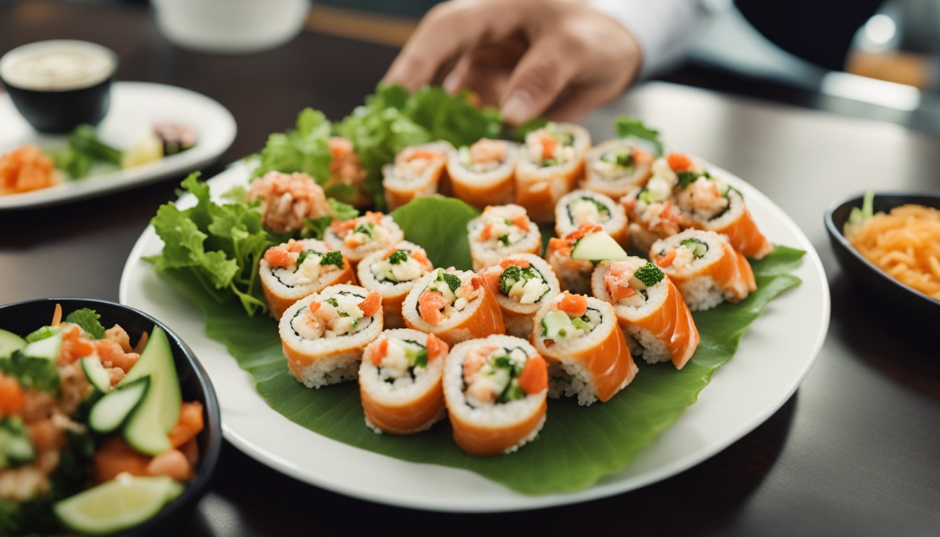 A platter with a lobster salad roll sushi being served and enjoyed