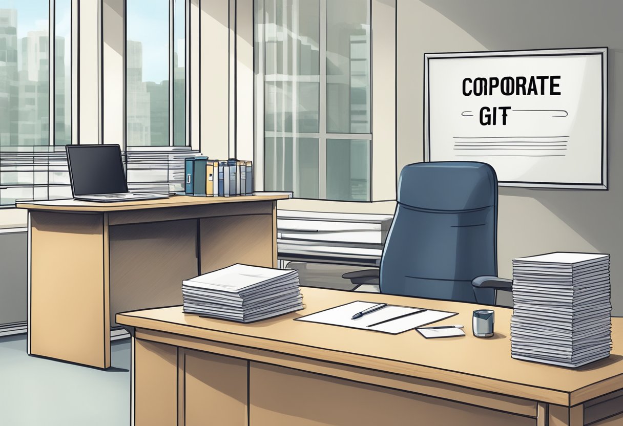 A table with neatly arranged cable tie corporate gifts and a sign displaying "Corporate Gift Strategy" in a professional office setting