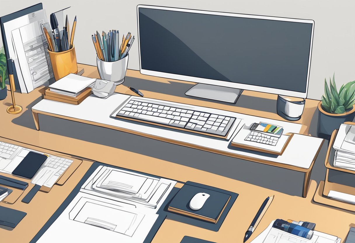 A sleek, modern desk with various card and pen holders arranged neatly. The holders are made of high-quality materials and feature elegant designs