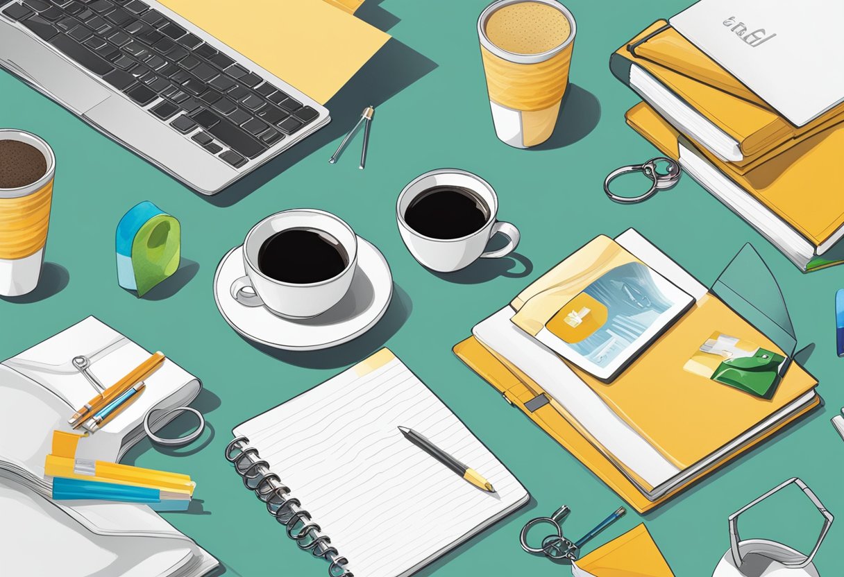 A table with various gift items under $15, such as mugs, notebooks, and keychains. A supplier's logo prominently displayed on the items