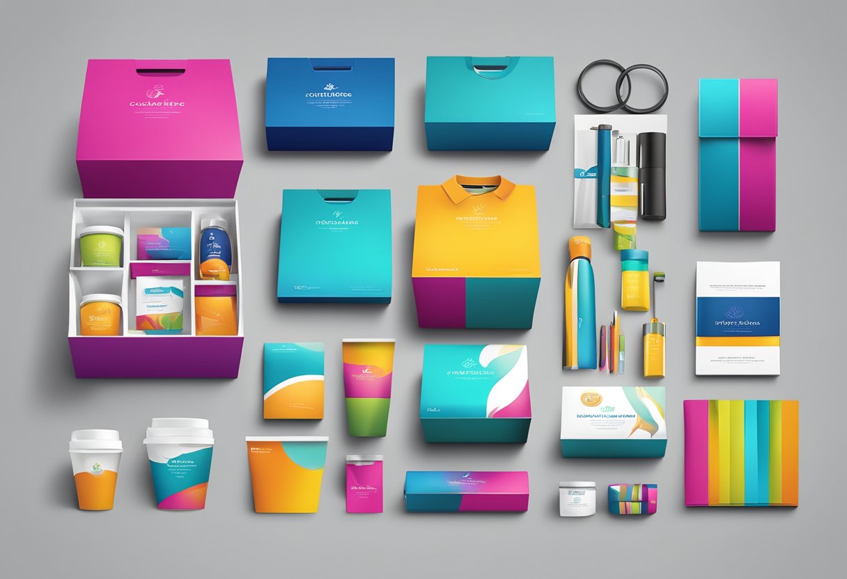 A table displaying various corporate gift options with branding, packaging, and customization. Bright colors and sleek designs catch the eye