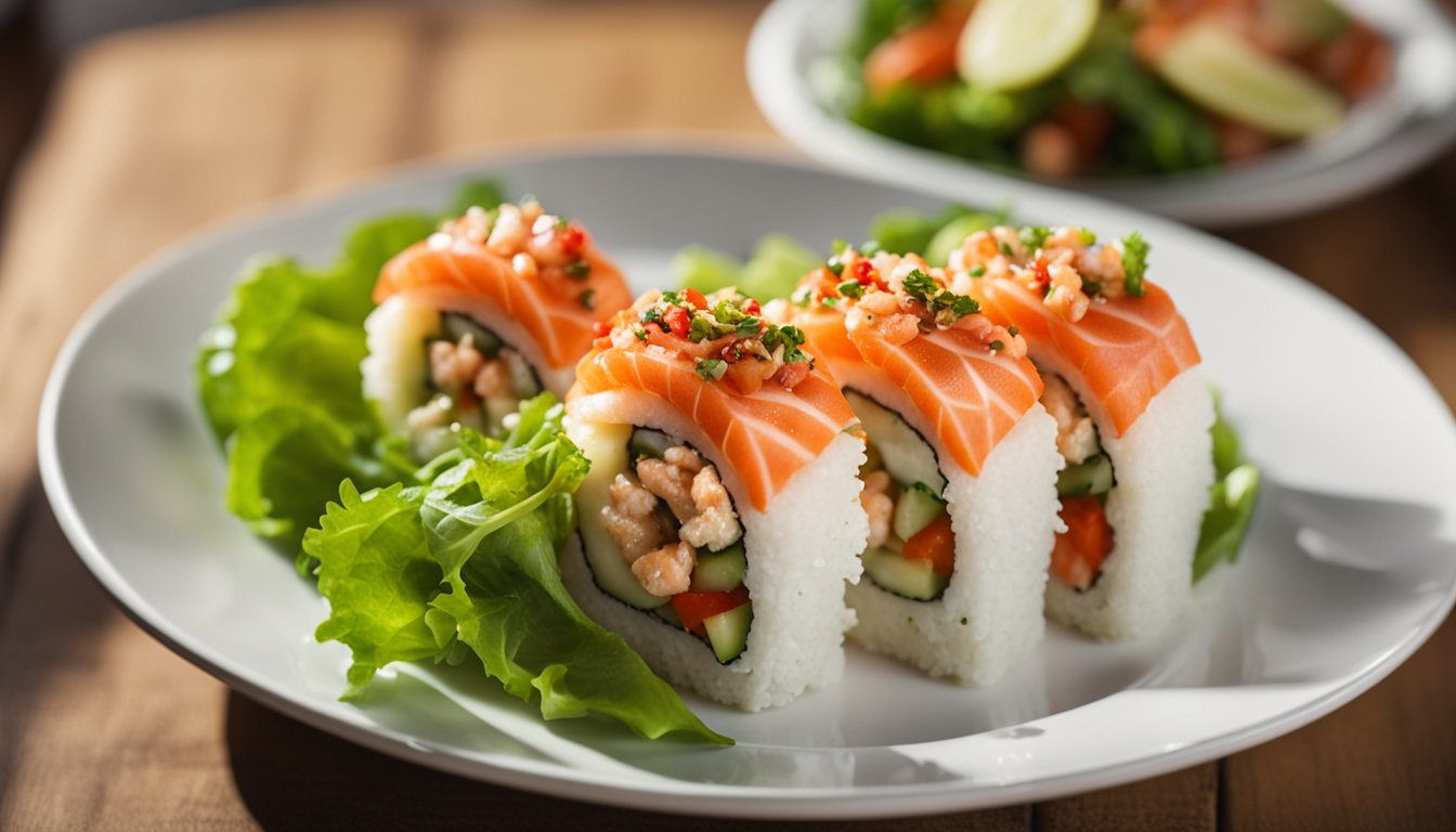A lobster salad roll sushi being prepared with fresh ingredients and neatly arranged on a plate