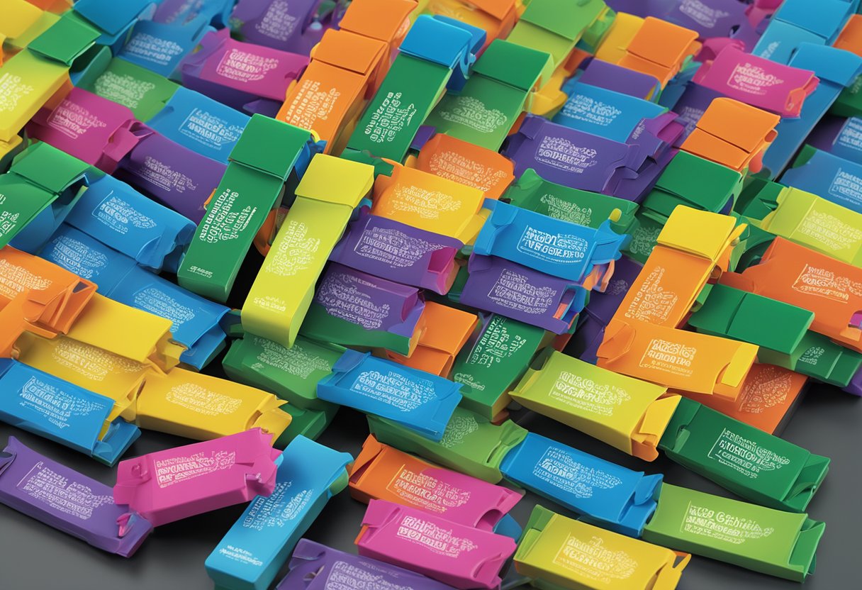 A pile of cable ties with "Frequently Asked Questions" printed on them, arranged neatly on a corporate gift display