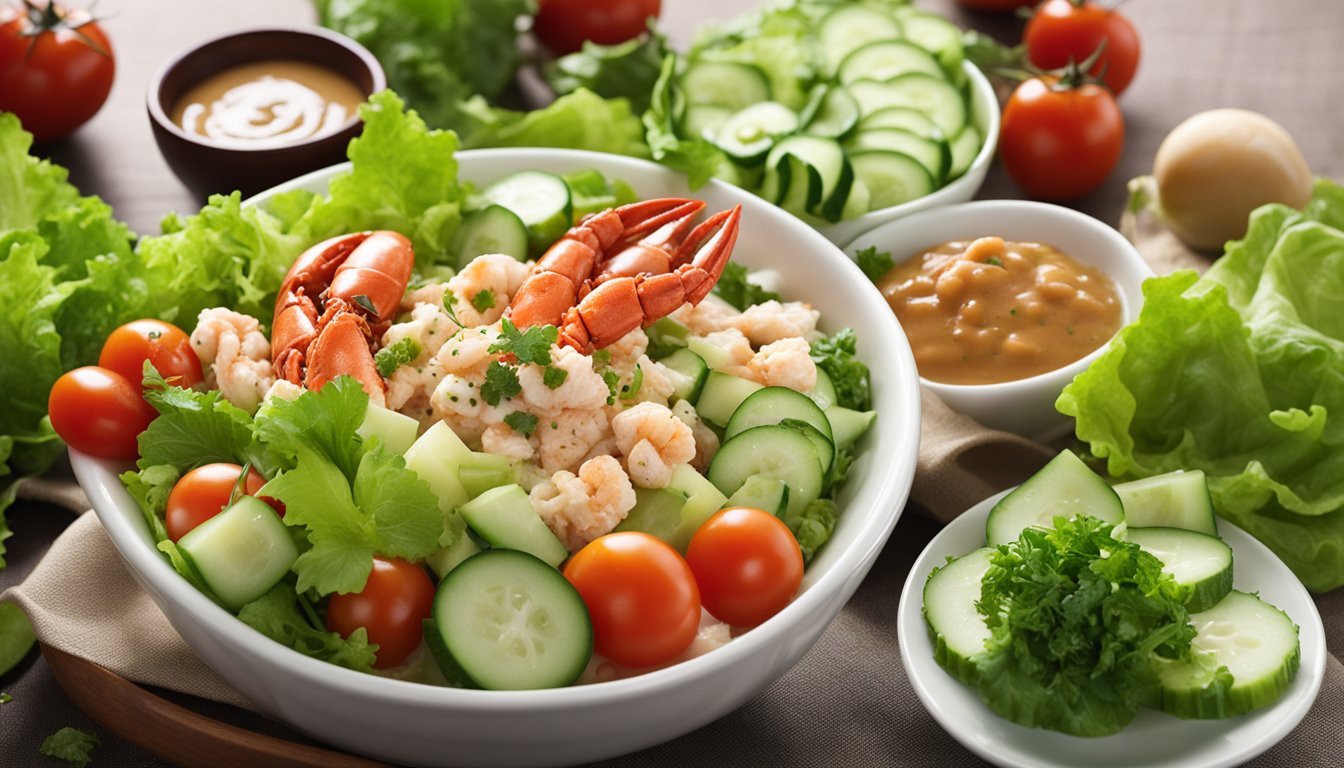 Ingredients tossed in a bowl: lobster, lettuce, tomatoes, cucumbers, and dressing