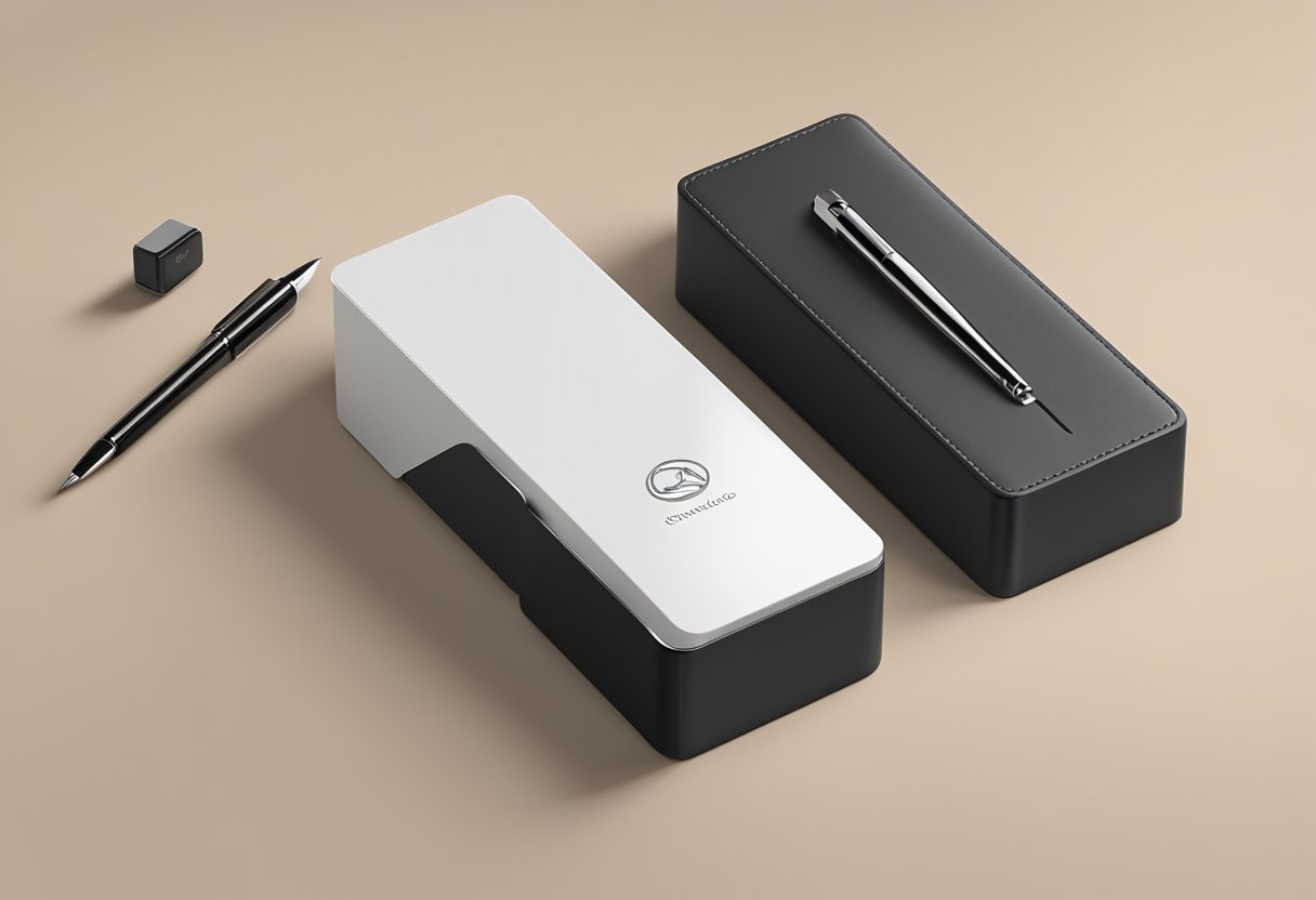 A sleek, modern card and pen holder sits on a desk, with customizable branding options displayed prominently