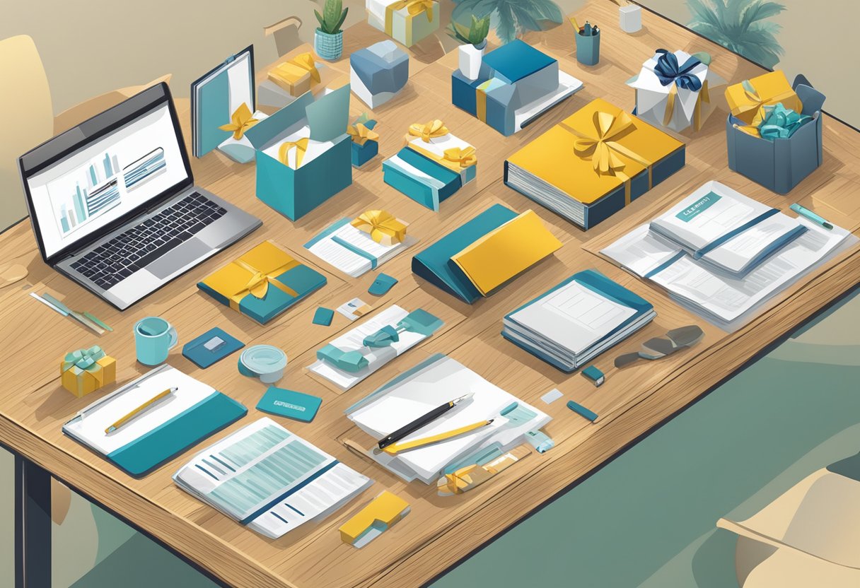 A table with various corporate gift options displayed, with a sign reading "Frequently Asked Questions corporate gift ideas for customers" nearby