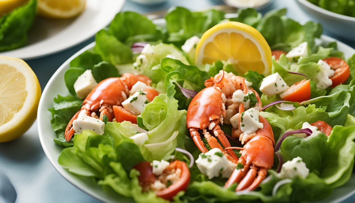 A bowl of lobster salad surrounded by lemon wedges and fresh lettuce leaves on a white plate