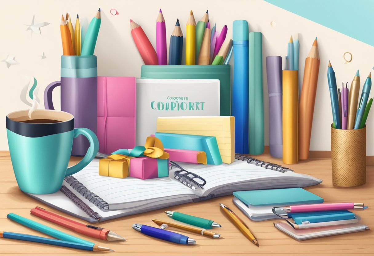 A colorful display of small, affordable gift items, such as mugs, pens, and notebooks, arranged neatly on a table with a sign reading "Corporate Gift Voucher Ideas Under $15."