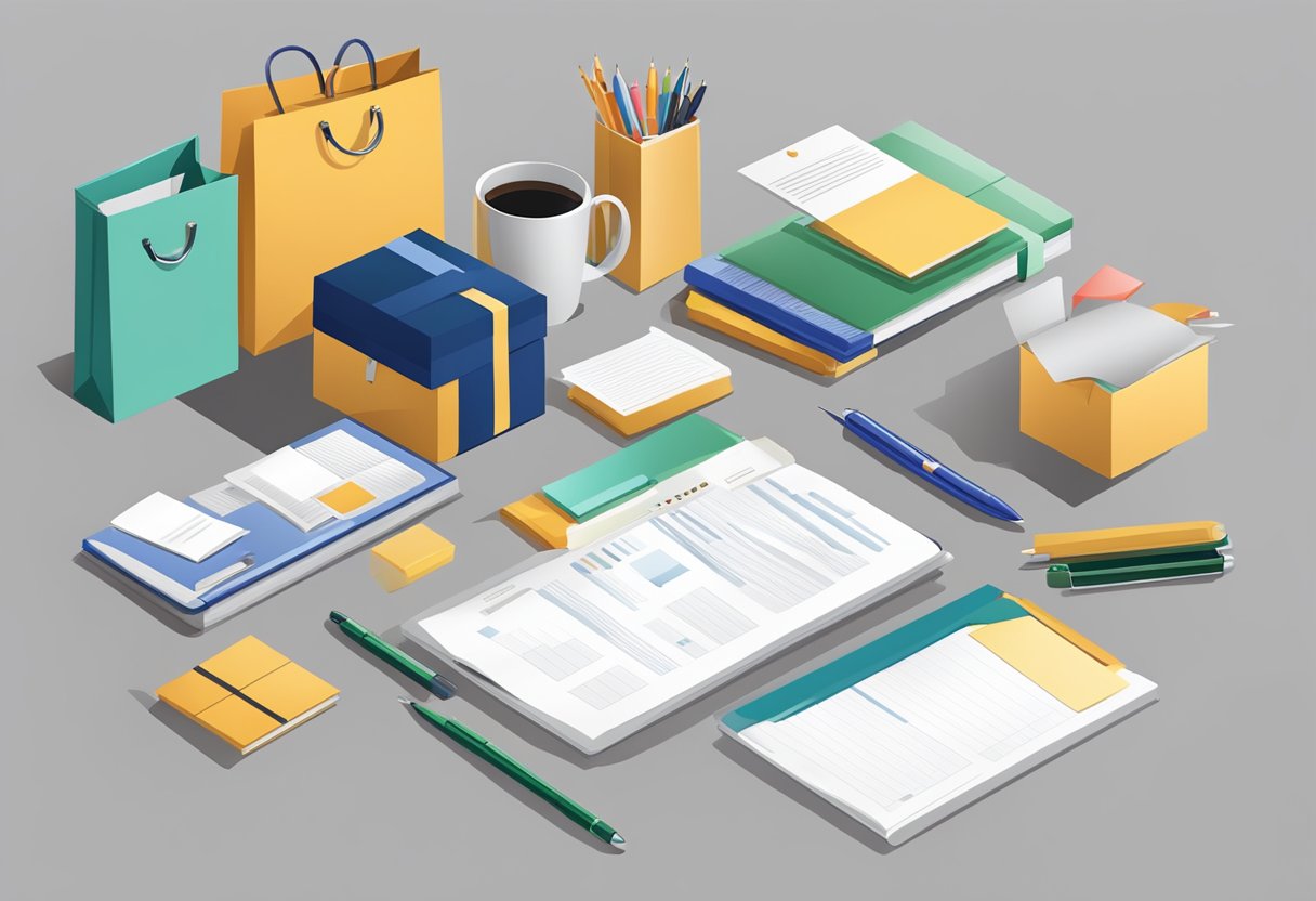 A table with various corporate gifts displayed, a questionnaire and pen nearby