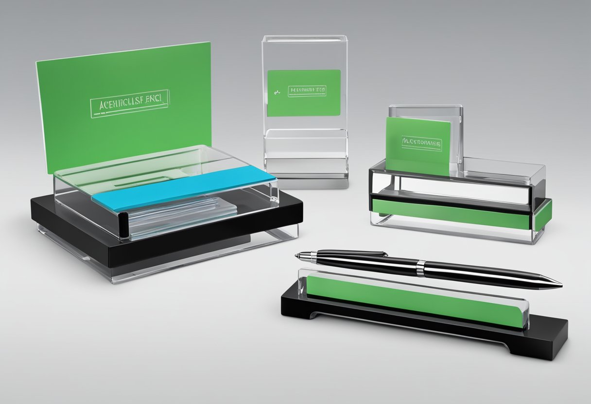 A sleek, modern desk set featuring a clear acrylic Frequently Asked Questions card holder and a matching pen holder, perfect for a corporate gift