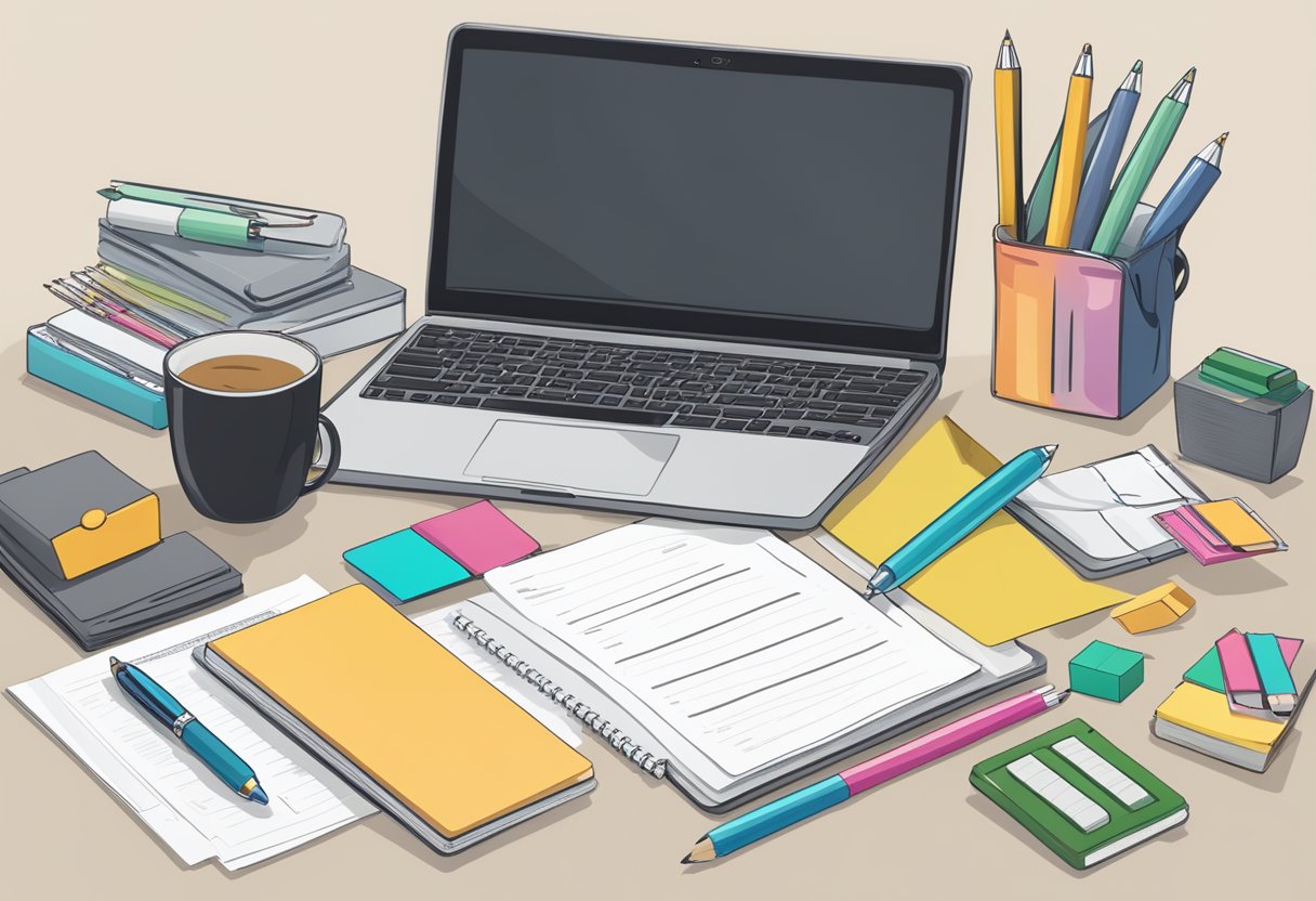 A table with a corporate gifting questionnaire, pens, and a laptop surrounded by office supplies and gift samples