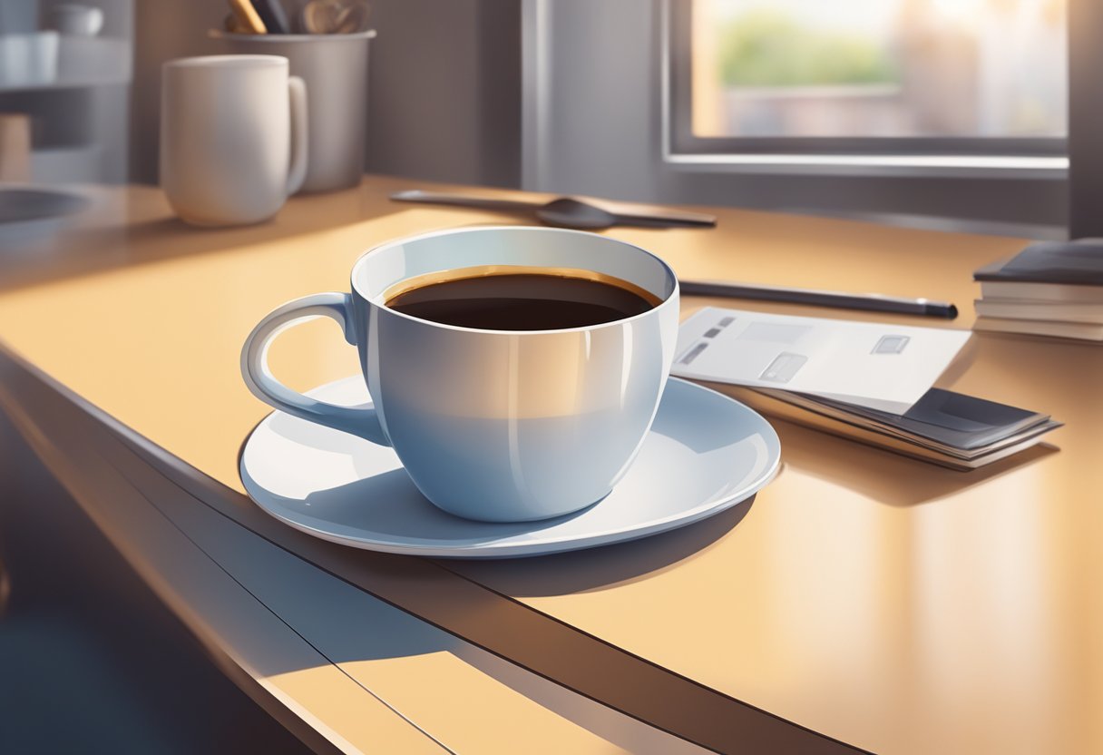 A corporate gift mug sits on a table, heat rising from the freshly poured coffee