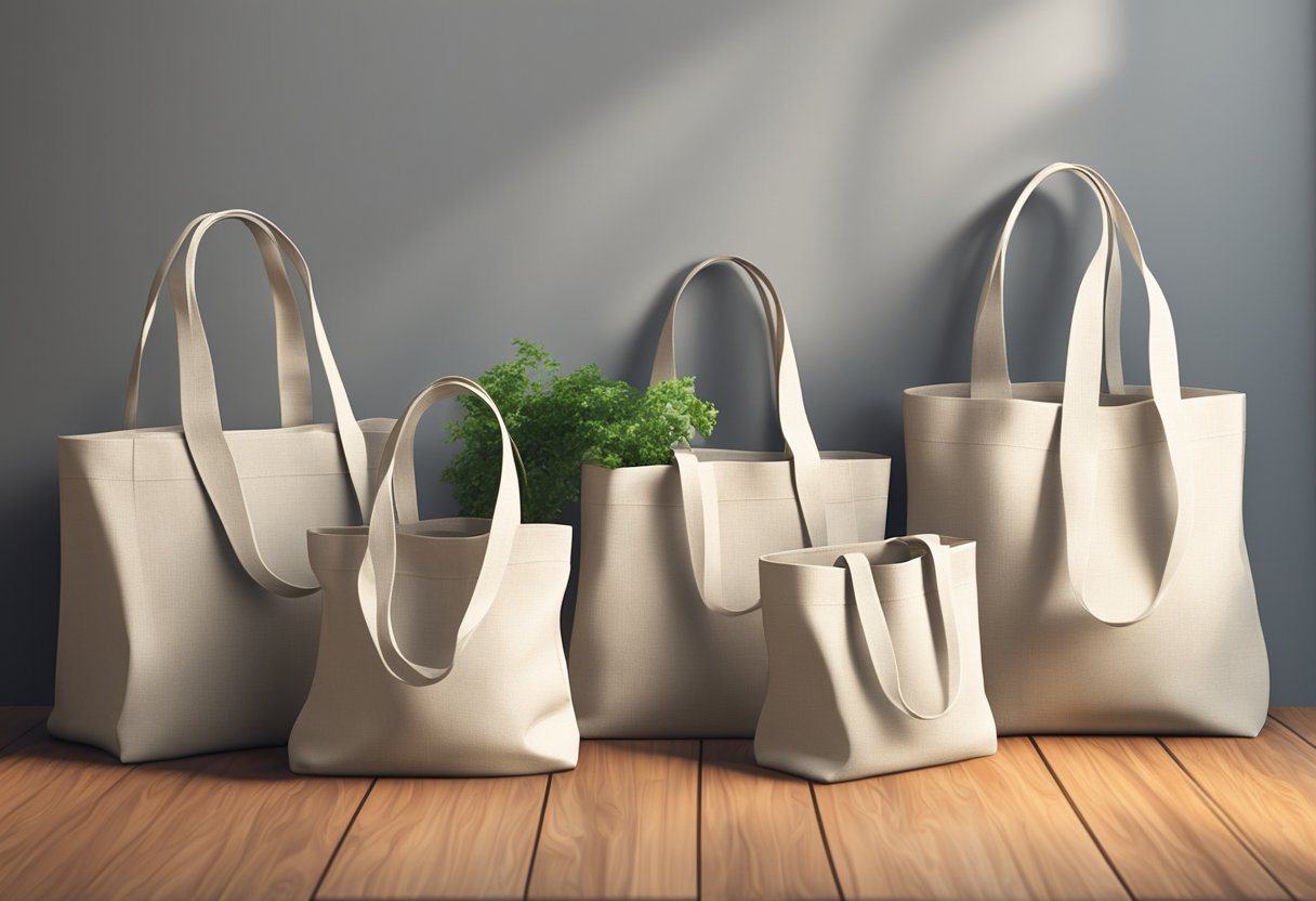 Canvas tote bags arranged in a neat stack on a wooden table, with natural light streaming in from a nearby window, casting soft shadows on the textured fabric