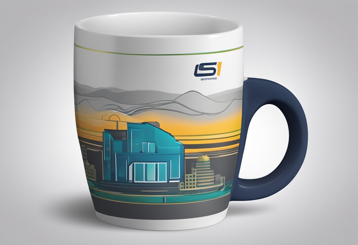 A corporate gift mug sits on a desk, steam rising from the hot beverage inside. The logo of the company is prominently displayed on the side of the mug