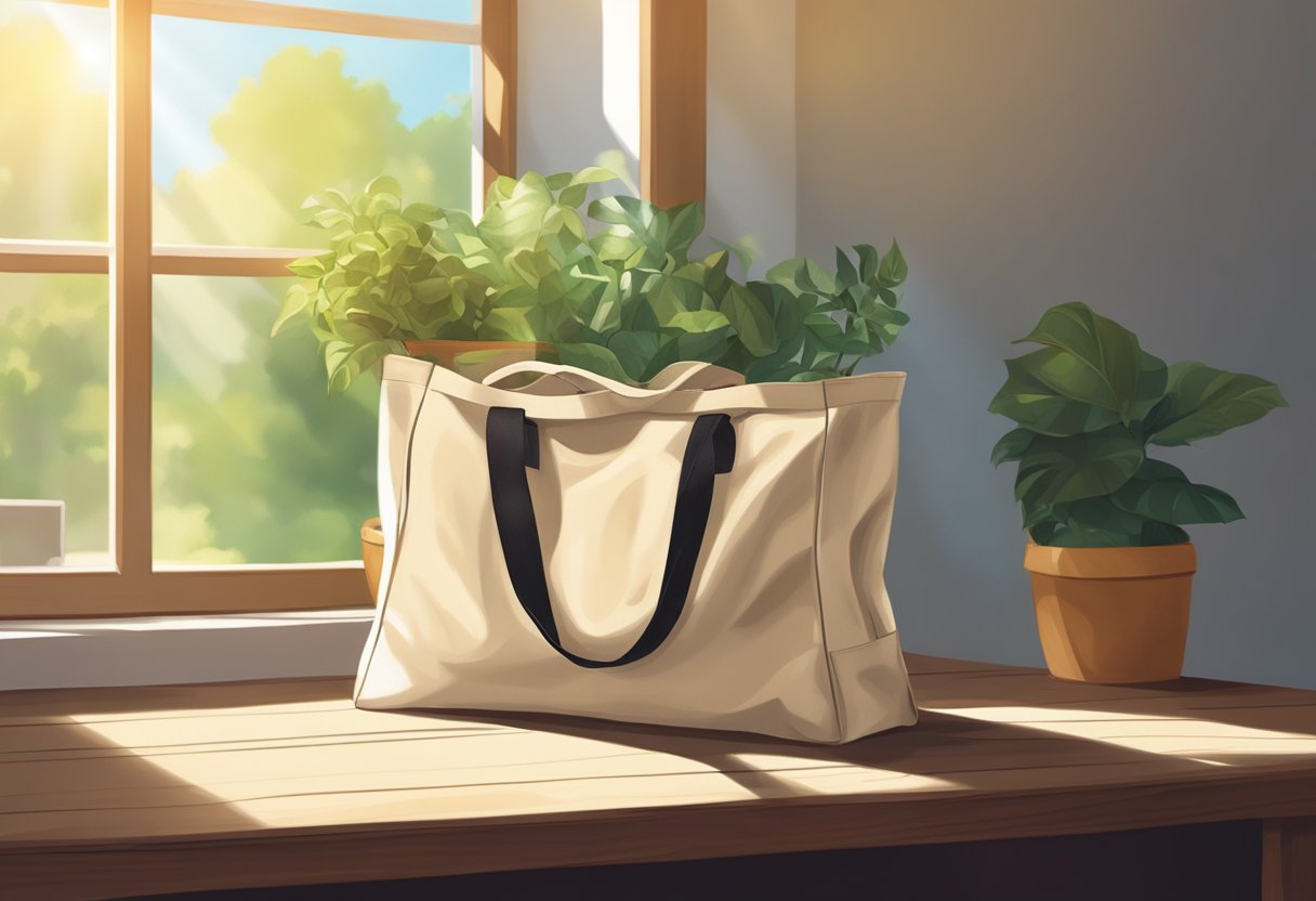 A canvas tote bag lies open on a wooden table, with sunlight streaming in from a nearby window, casting a soft shadow on the fabric