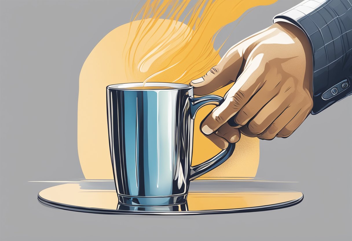 A hand reaches for a sleek corporate gift mug, its surface reflecting the heat from a fresh brew