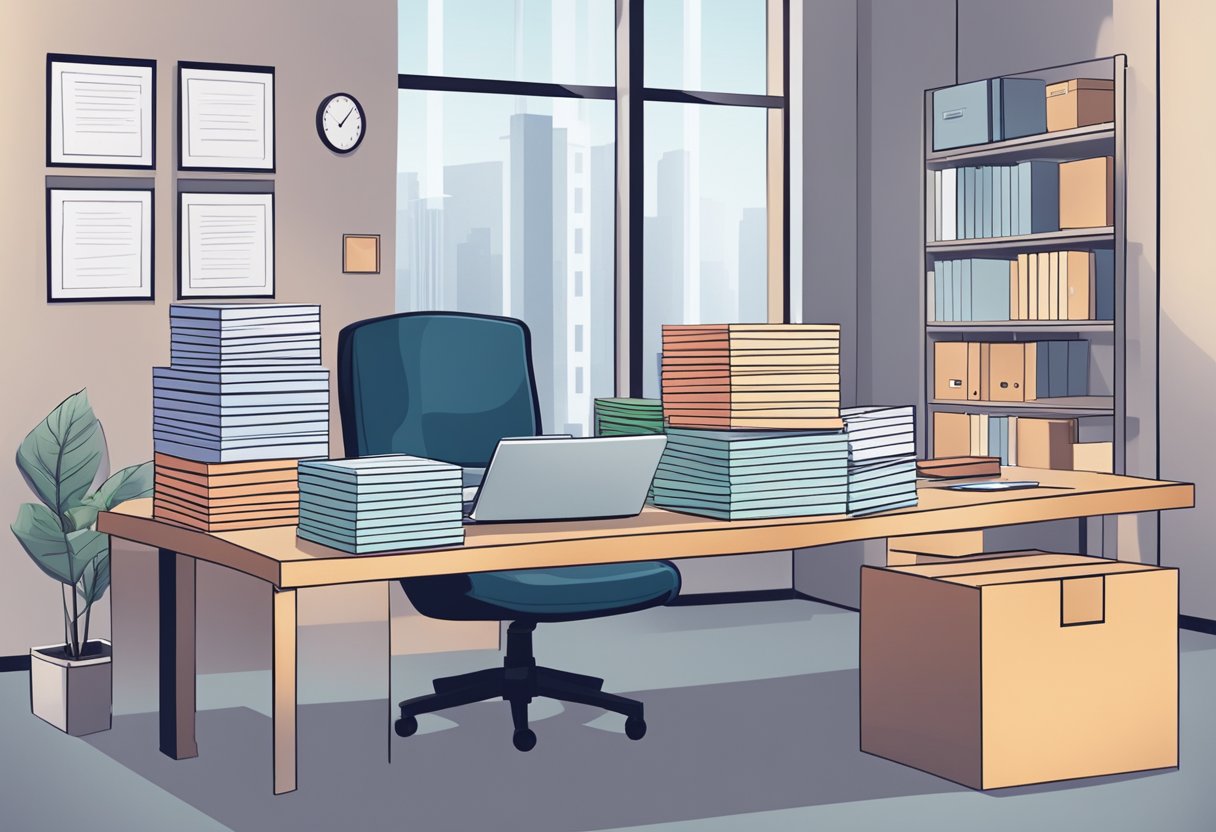 A corporate office desk with a stack of gift boxes, a pen, and a questionnaire. A manager oversees the process