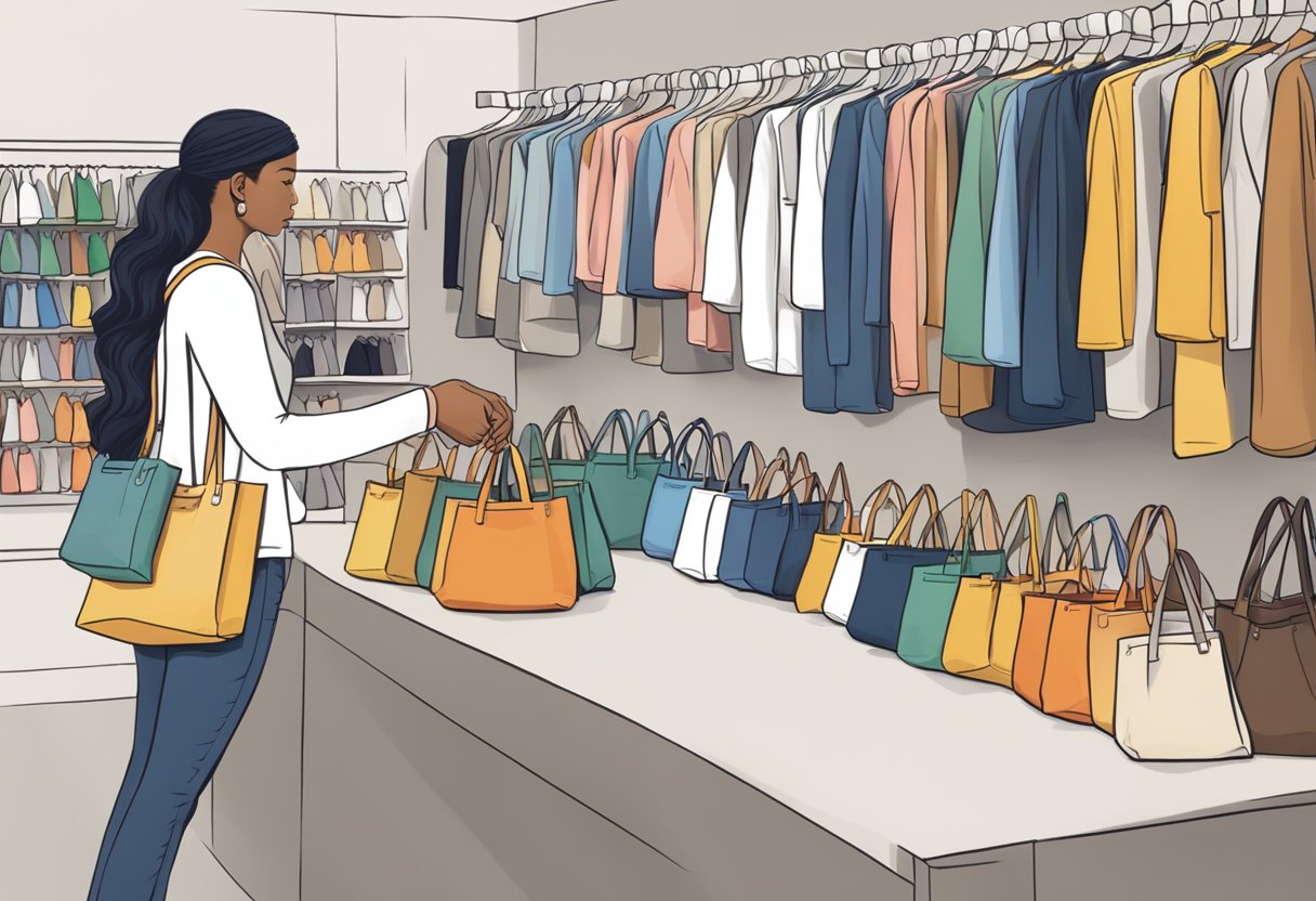 A customer selecting and customizing canvas tote bags at a retail store