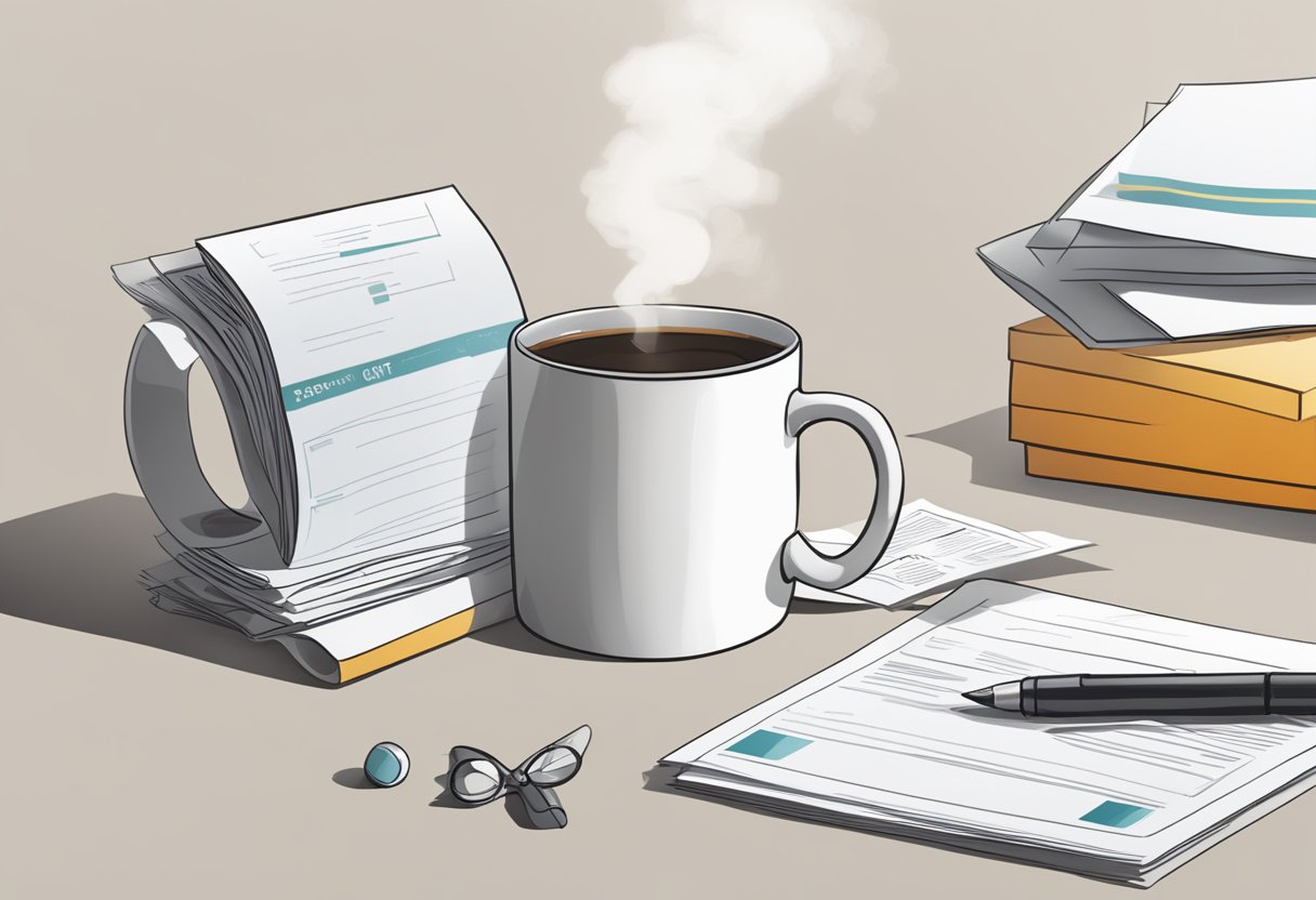 A corporate gift mug sits on a table with steam rising from it, indicating heat. A stack of FAQ sheets is nearby