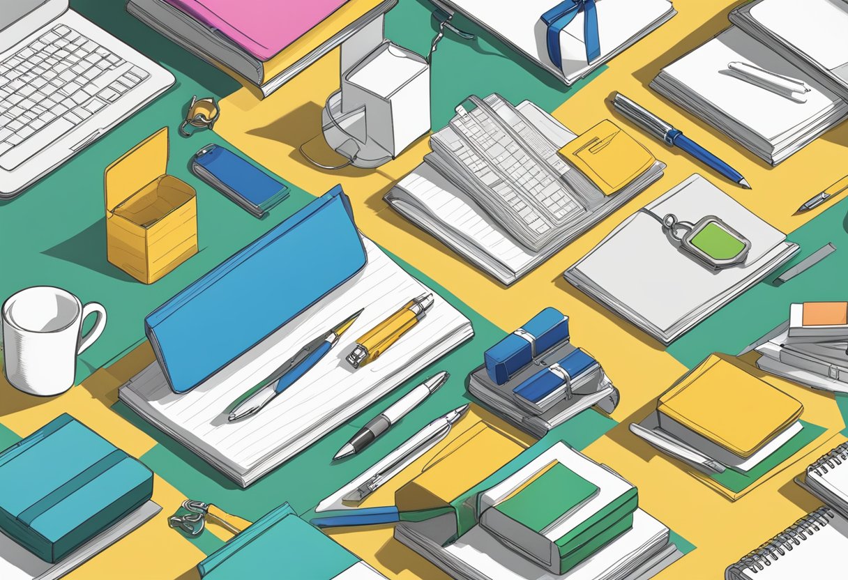 A table displays various corporate gifts under $1, including pens, keychains, and notepads