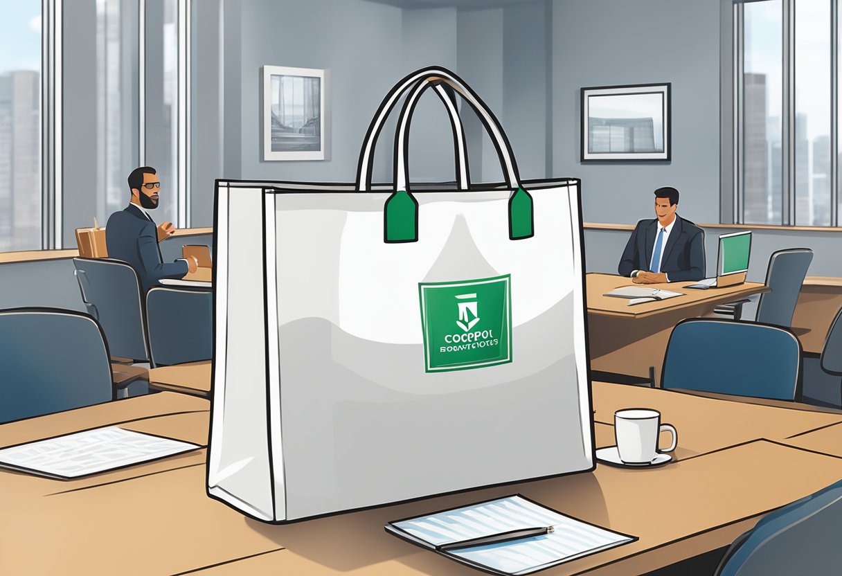 A corporate logo-branded reusable foldable bag being presented to a group of business professionals in a boardroom setting, with a focus on the bag's practicality and eco-friendly design
