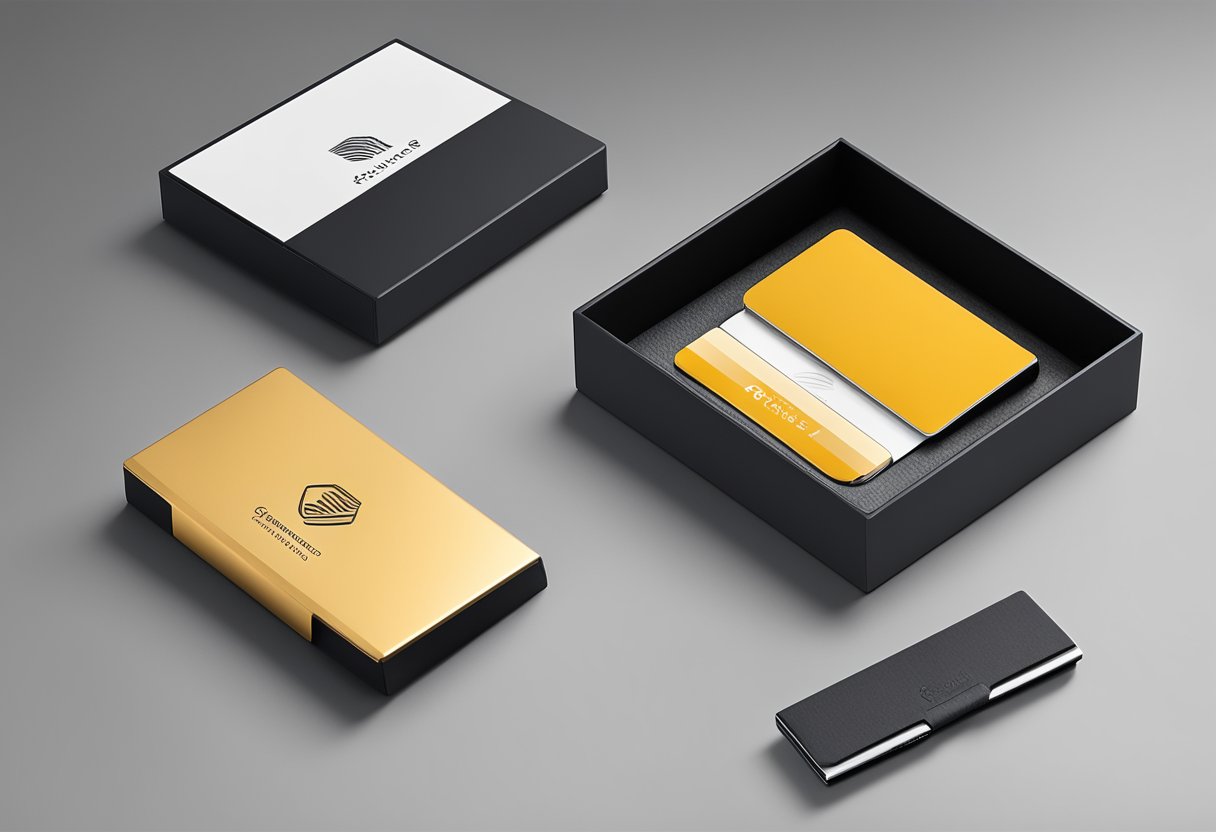 A sleek, modern card holder sits on a polished desk next to a branded corporate gift box