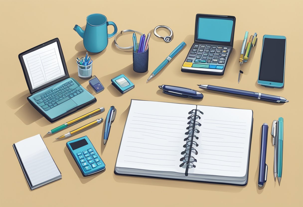 A table with various inexpensive corporate gifts displayed, such as pens, keychains, and notepads. The gifts are neatly arranged and labeled with their prices