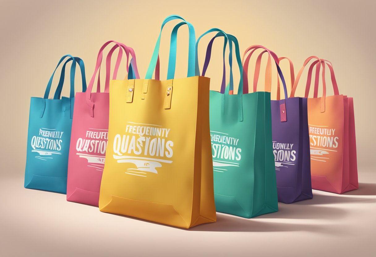 A stack of canvas tote bags with "Frequently Asked Questions" printed on them, surrounded by question marks and a bright, inviting background