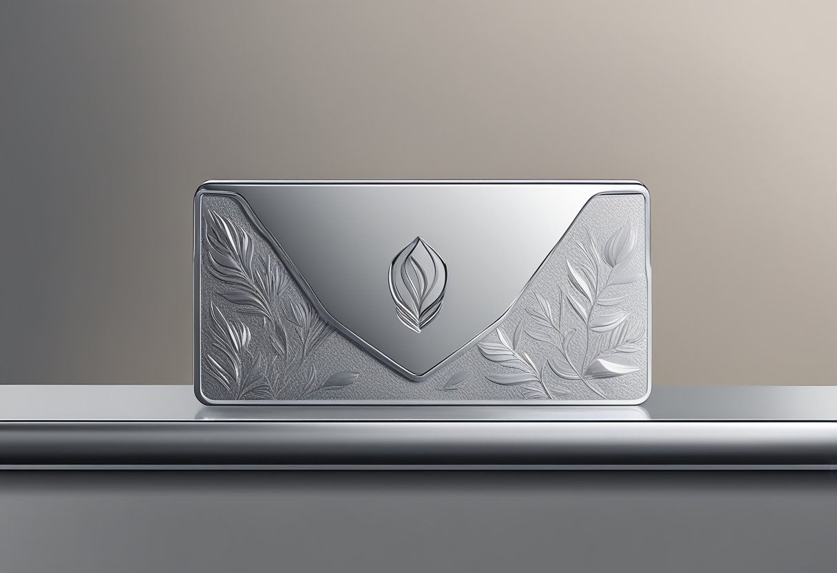 A hand reaches for a sleek, silver card holder among a display of various designs. The logo of a company is subtly embossed on the front, adding a personalized touch