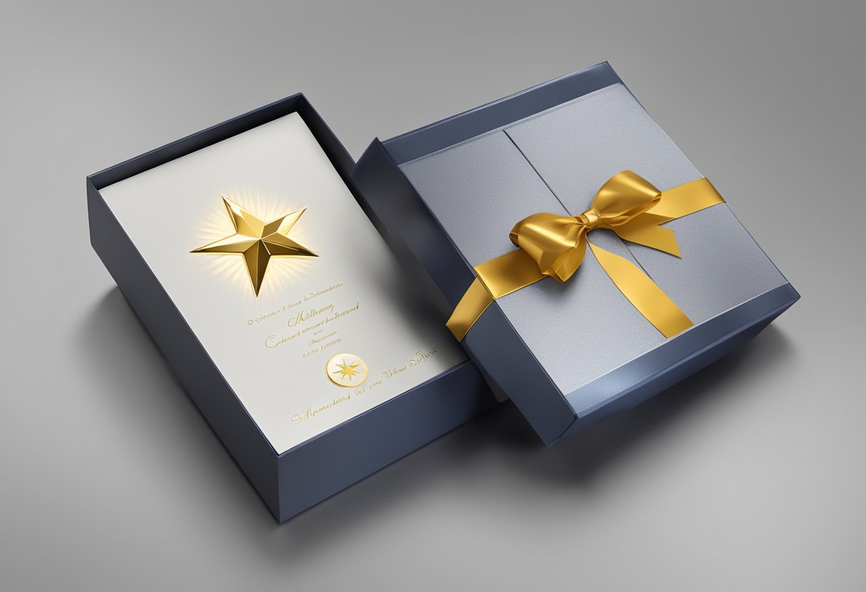 A shining gold star sits atop a sleek corporate gift box, surrounded by elegant ribbon and a personalized plaque
