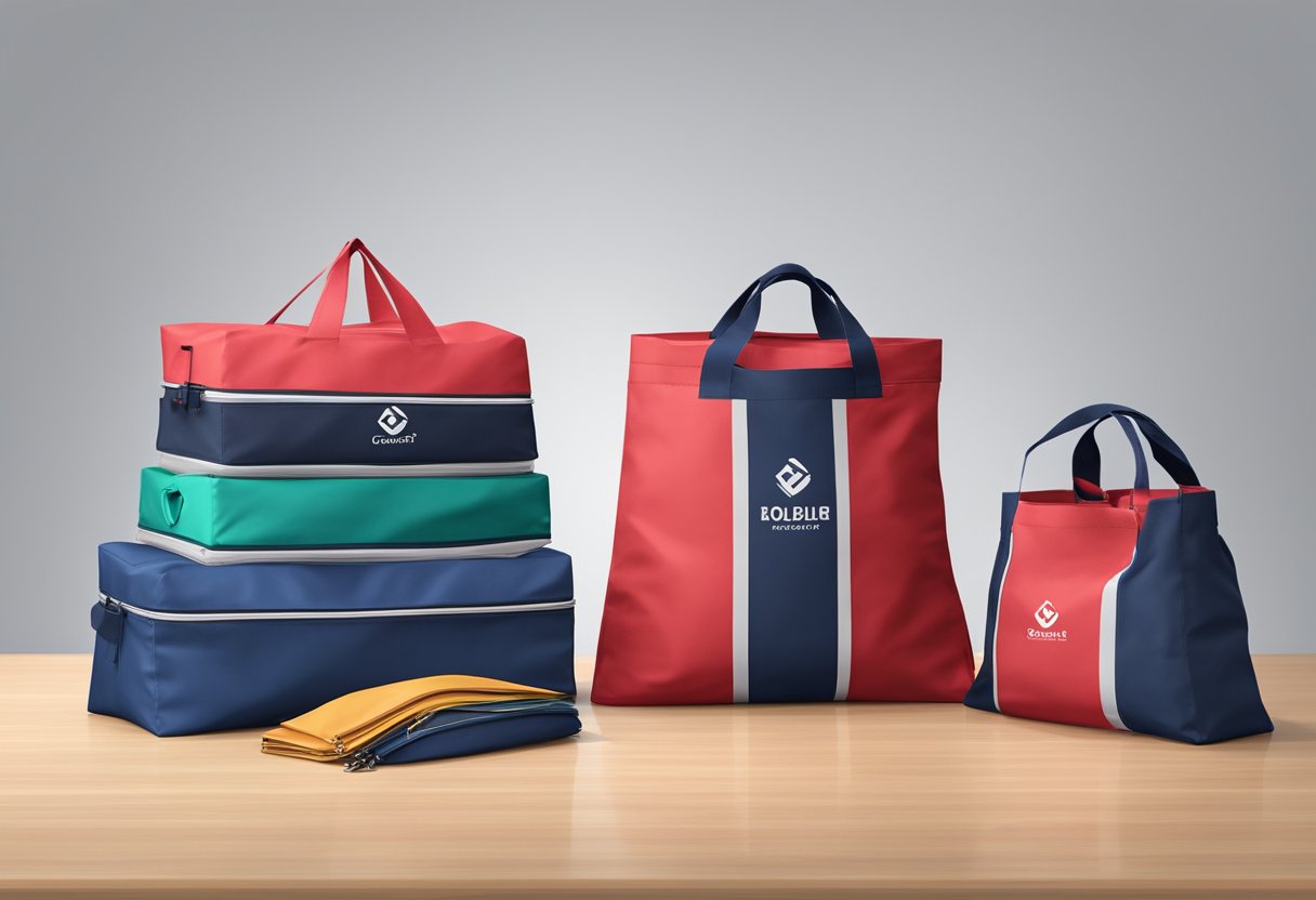 A stack of branded foldable bags displayed with various items inside, showcasing their versatility and practicality as corporate gifts