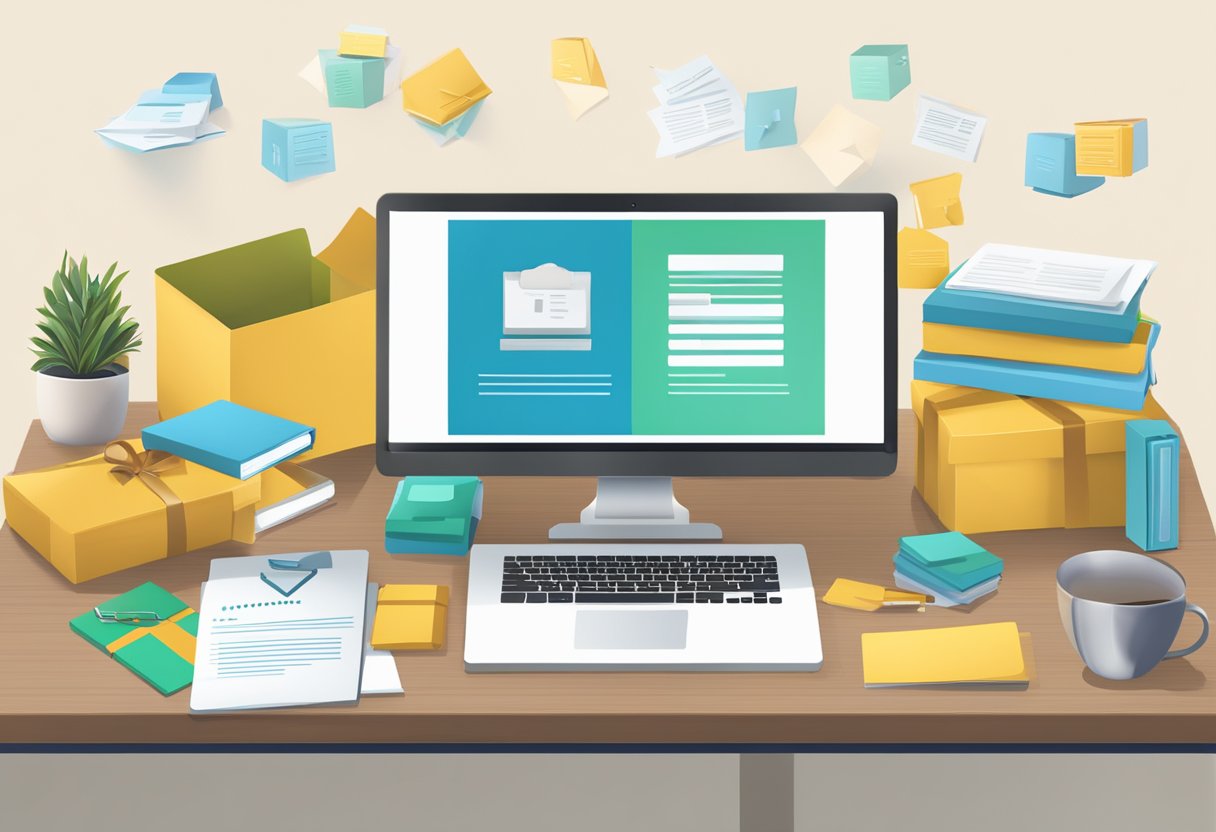 A desk with a computer displaying a corporate gifting questionnaire, surrounded by gift boxes and a stack of brochures