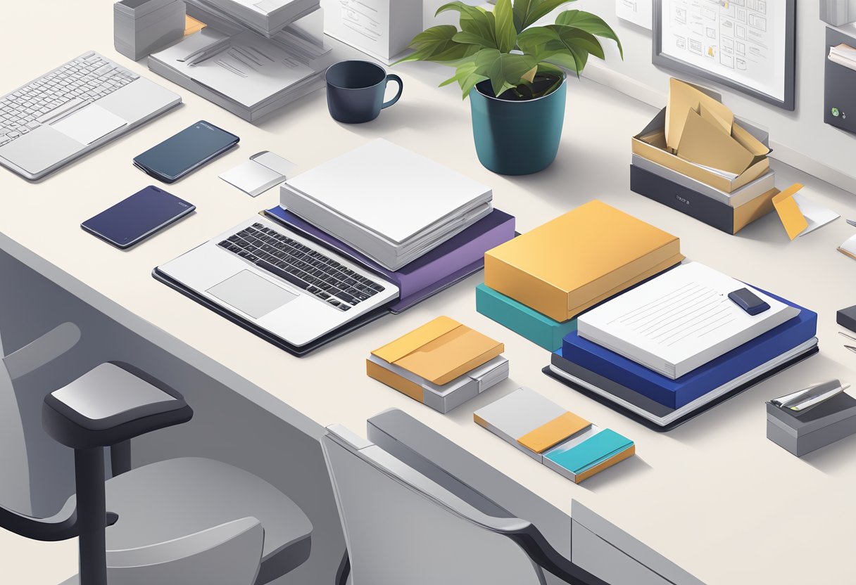 A sleek, modern office desk with a stack of branded gift boxes, a personalized note, and a strategic gifting guide