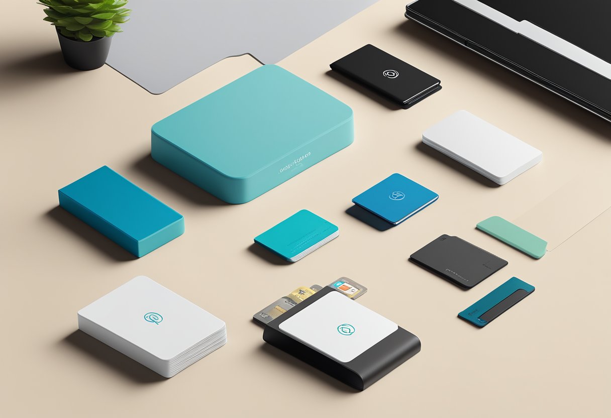 A sleek, modern card holder sits on a desk, with various branding options displayed nearby