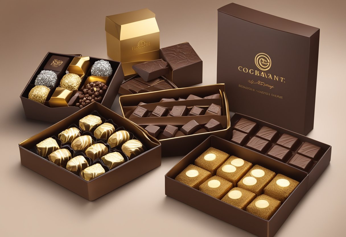 A table displays an assortment of chocolate corporate gifts in elegant packaging with company logos