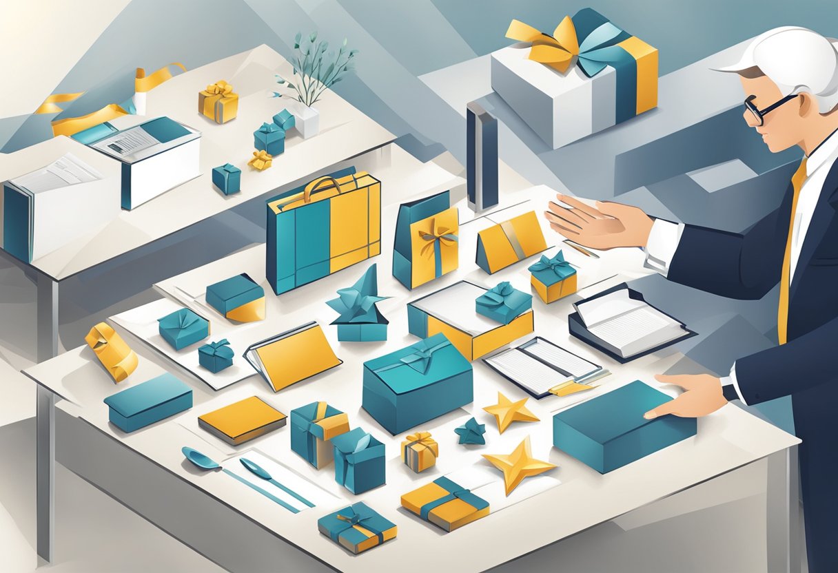 A hand reaches out to choose from an array of elegant corporate gifts displayed on a table. The logo of a star corporate gift company is prominently featured