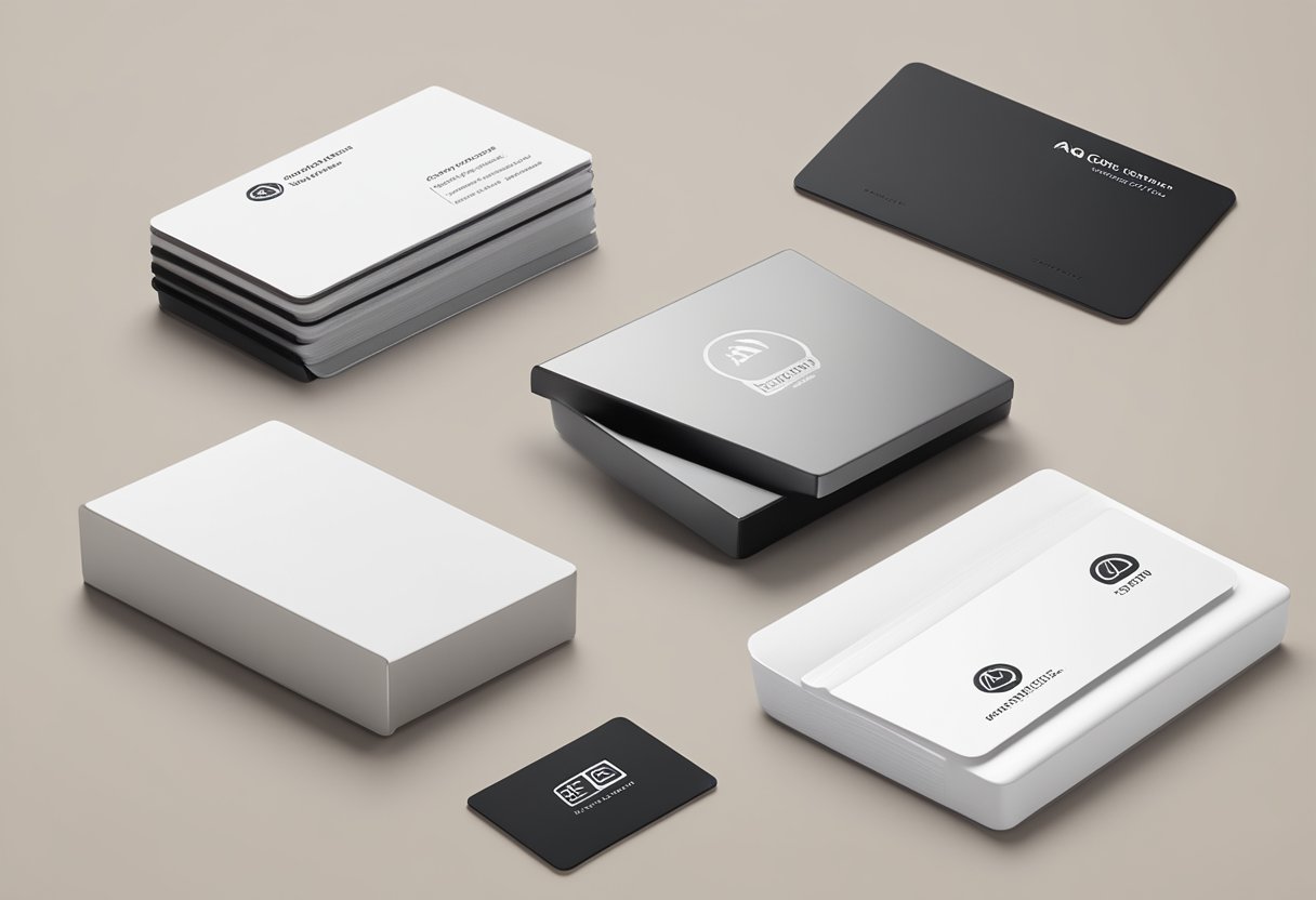 A sleek, modern card holder sits on a desk with a stack of FAQ cards inside. The company logo is subtly embossed on the front